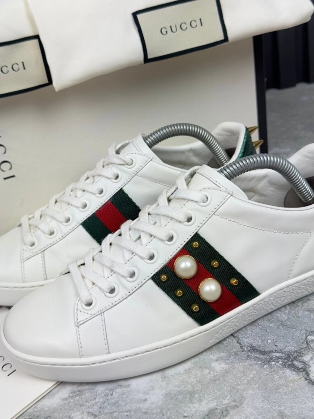 Gucci Ace Stud Sneakers Rockstuds Pearls White Leather 5.5 US or 35.5 EUR
